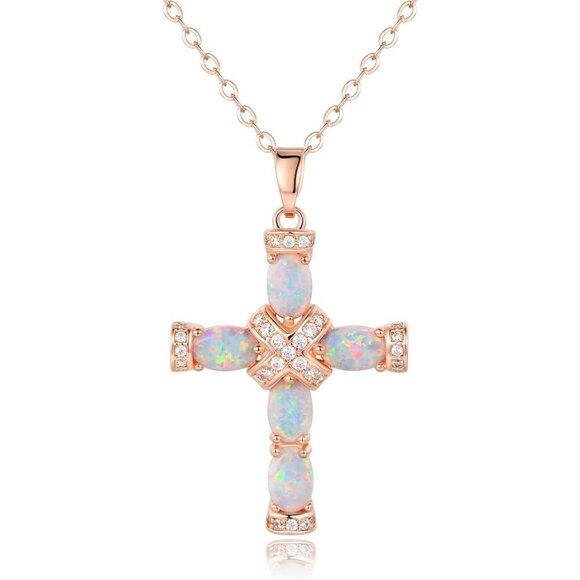Jewelry - Gold Plated Opal Cross Necklace 18in with 2in Extension for Women Girls